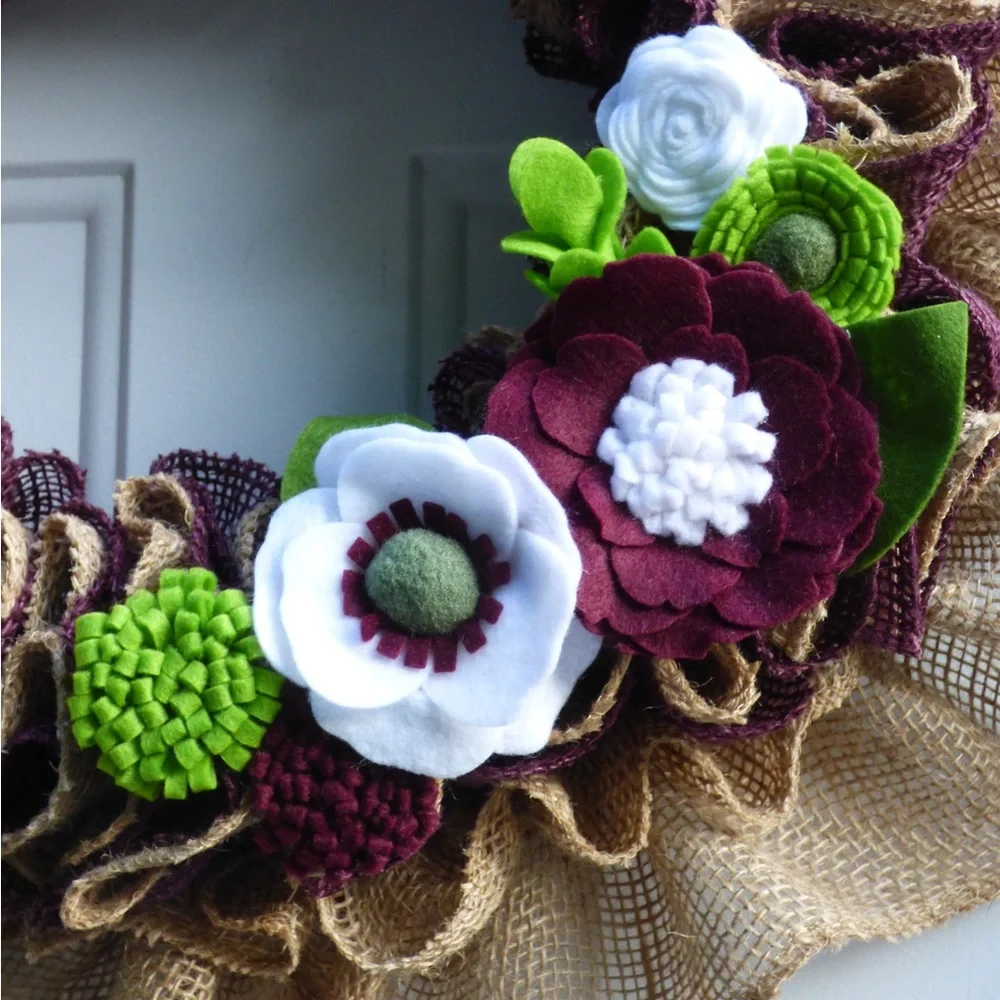 Burlap Wreath with Felt Flowers.